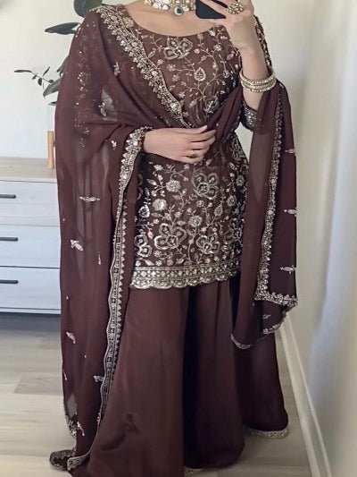 Brown Georgette Embroidery Full Sleeves Sharara Suit - BONYHUBSALWAR KAMEEZ
