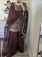 Brown Georgette Embroidery Full Sleeves Sharara Suit - BONYHUBSALWAR KAMEEZ