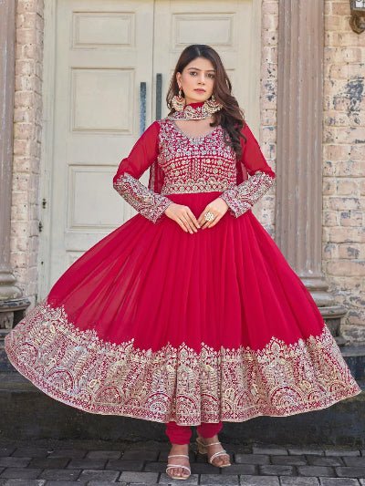 Red Georgette Embroidery Sequence Work Anarkali Suit - BONYHUBSALWAR KAMEEZ