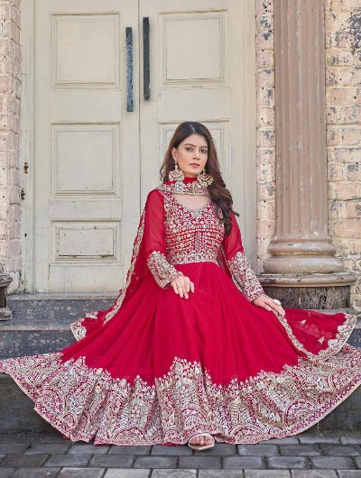 Red Georgette Embroidery Sequence Work Anarkali Suit - BONYHUBSALWAR KAMEEZ