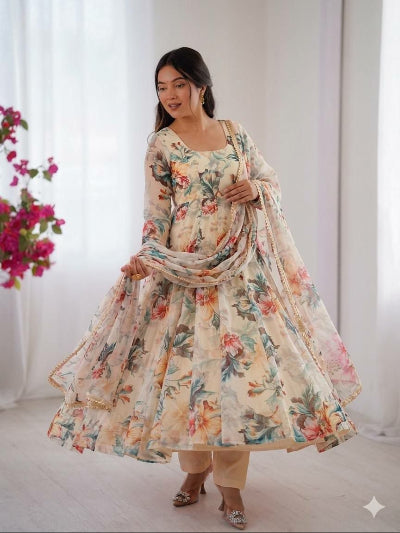 Soft Ivory Cream Floral Organza Anarkali Suit Set