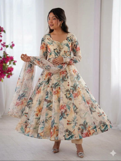 Soft Ivory Cream Floral Organza Anarkali Suit Set