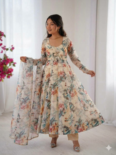Soft Ivory Cream Floral Organza Anarkali Suit Set