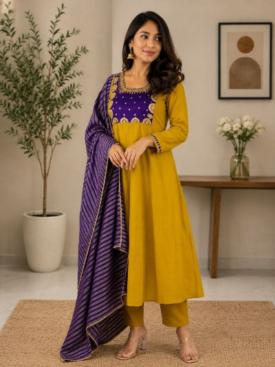 Mustard Yellow Chanderi Embroidered Anarkali Suit Set