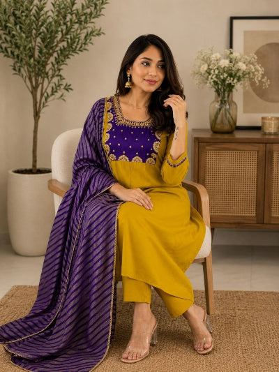 Mustard Yellow Chanderi Embroidered Anarkali Suit Set