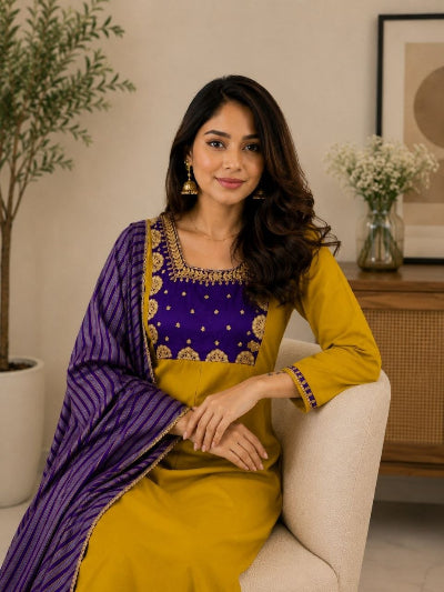 Mustard Yellow Chanderi Embroidered Anarkali Suit Set