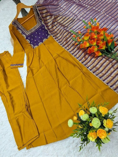 Mustard Yellow Chanderi Embroidered Anarkali Suit Set