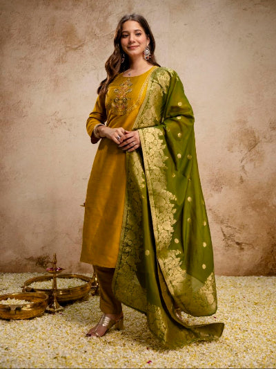 Mustard Ethnic Embroidered Kurta Set with Jacquard Dupatta