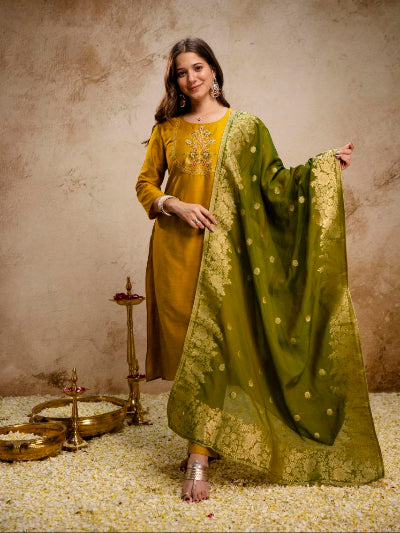 Mustard Ethnic Embroidered Kurta Set with Jacquard Dupatta