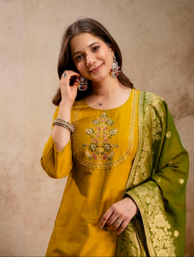 Mustard Ethnic Embroidered Kurta Set with Jacquard Dupatta
