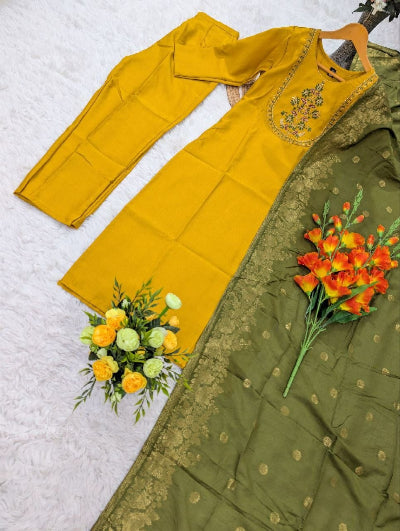 Mustard Ethnic Embroidered Kurta Set with Jacquard Dupatta