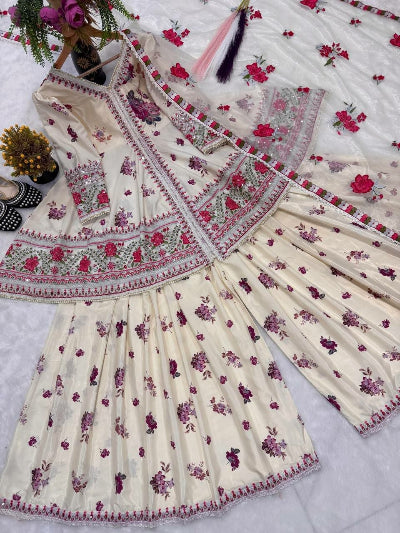 Ivory Cream Designer Peplum Sharara Set
