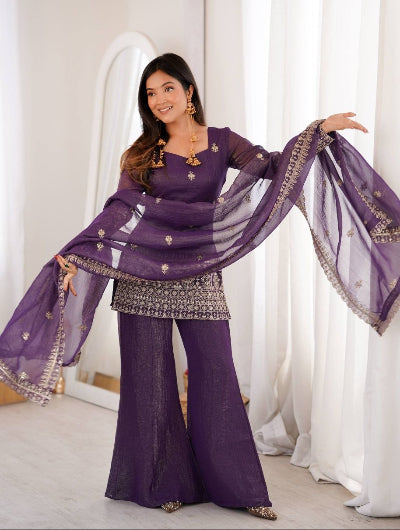 Purple Crunchy Silk Kurta Bell Bottom Pant &amp; Dupatta