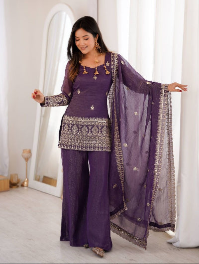 Purple Crunchy Silk Kurta Bell Bottom Pant &amp; Dupatta