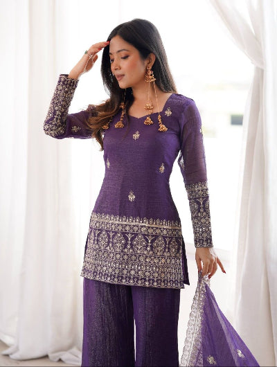 Purple Crunchy Silk Kurta Bell Bottom Pant &amp; Dupatta