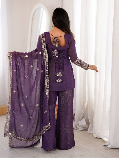 Purple Crunchy Silk Kurta Bell Bottom Pant &amp; Dupatta