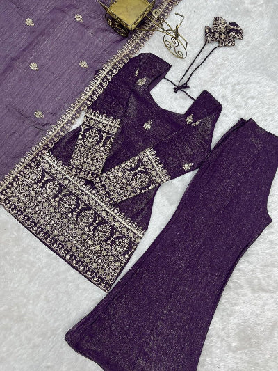 Purple Crunchy Silk Kurta Bell Bottom Pant &amp; Dupatta