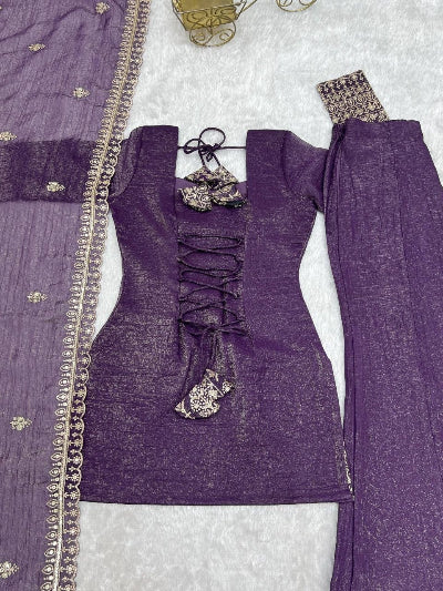 Purple Crunchy Silk Kurta Bell Bottom Pant &amp; Dupatta