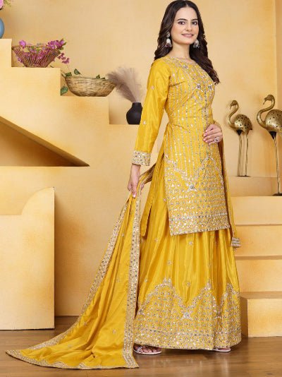 Yellow Chinon Silk Festive Embroidery Sharara Suit - BONYHUBSALWAR KAMEEZ