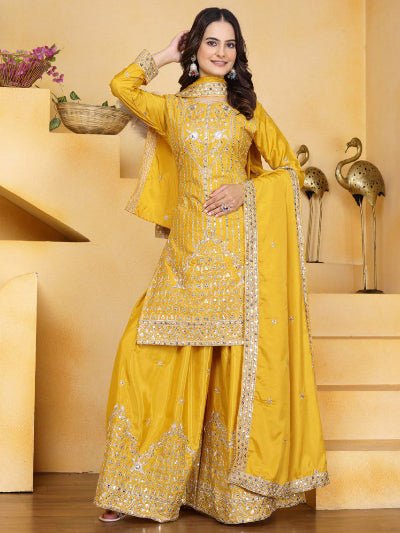 Yellow Chinon Silk Festive Embroidery Sharara Suit - BONYHUBSALWAR KAMEEZ