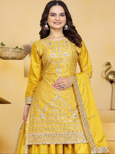 Yellow Chinon Silk Festive Embroidery Sharara Suit - BONYHUBSALWAR KAMEEZ
