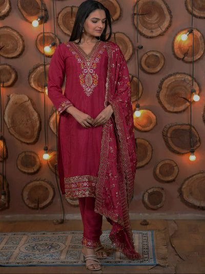 Deep Pink Chinon Silk Embroidery Straight Suit Set - BONYHUBSALWAR KAMEEZ