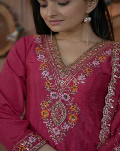 Deep Pink Chinon Silk Embroidery Straight Suit Set - BONYHUBSALWAR KAMEEZ