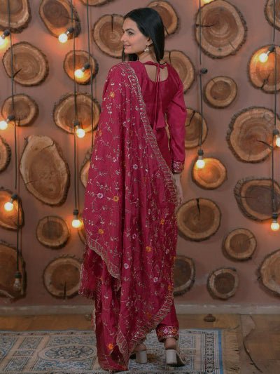 Deep Pink Chinon Silk Embroidery Straight Suit Set - BONYHUBSALWAR KAMEEZ