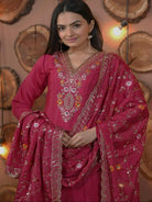 Deep Pink Chinon Silk Embroidery Straight Suit Set - BONYHUBSALWAR KAMEEZ