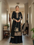 Black Georgette Gold Embroidery Pearl work Palazzo Sharara Suit - BONYHUBSALWAR KAMEEZ