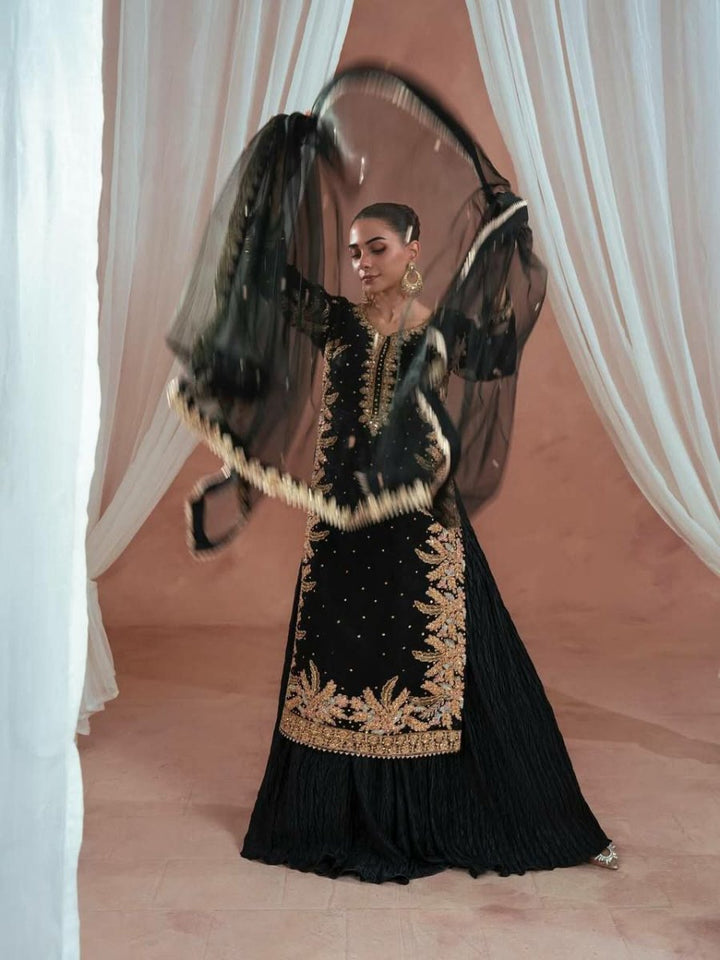 Black Georgette Gold Embroidery Pearl work Palazzo Sharara Suit - BONYHUBSALWAR KAMEEZ