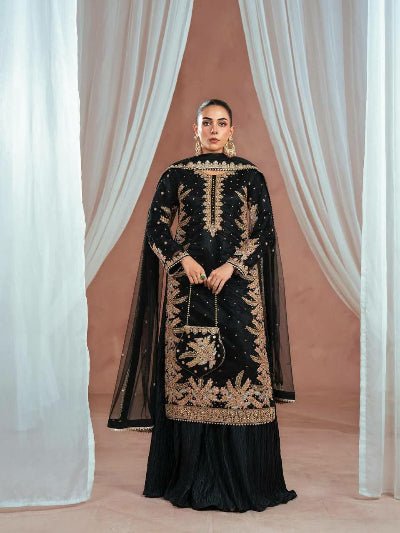 Black Georgette Gold Embroidery Pearl work Palazzo Sharara Suit - BONYHUBSALWAR KAMEEZ