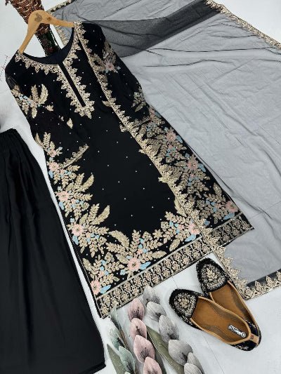 Black Georgette Gold Embroidery Pearl work Palazzo Sharara Suit - BONYHUBSALWAR KAMEEZ