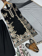 Black Georgette Gold Embroidery Pearl work Palazzo Sharara Suit - BONYHUBSALWAR KAMEEZ