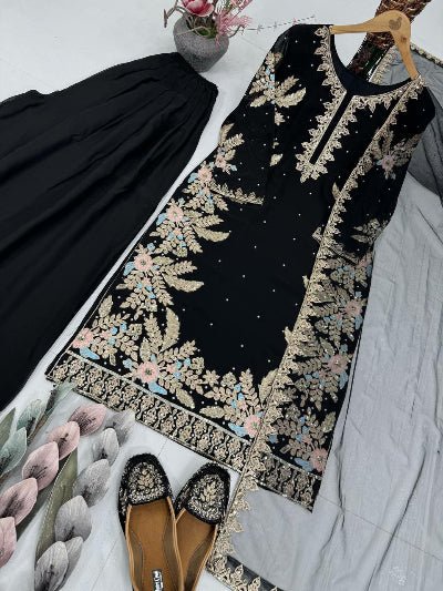 Black Georgette Gold Embroidery Pearl work Palazzo Sharara Suit - BONYHUBSALWAR KAMEEZ