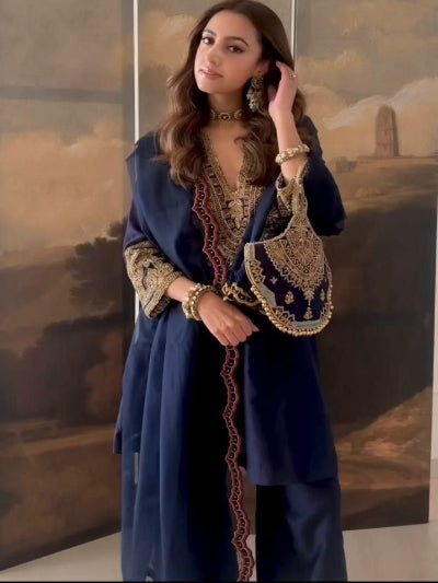 Navy Blue Rich Embroidery Work Palazzo Suit with Matching Bag