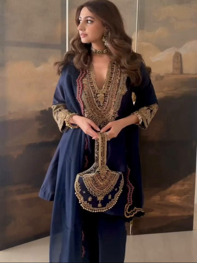 Navy Blue Rich Embroidery Work Palazzo Suit with Matching Bag