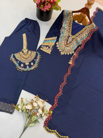 Navy Blue Rich Embroidery Work Palazzo Suit with Matching Bag