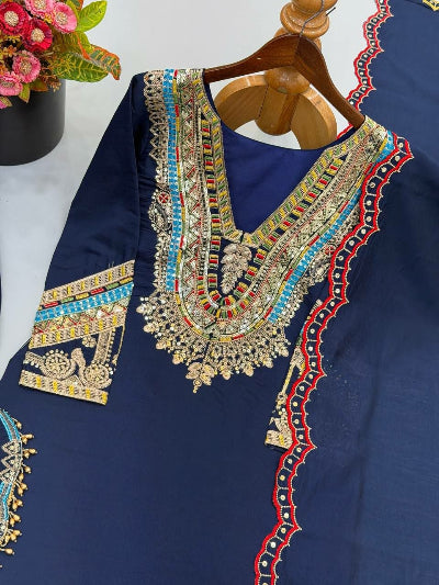 Navy Blue Rich Embroidery Work Palazzo Suit with Matching Bag