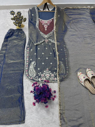Dusty Steel Blue Embroidered Palazzo Sharara Suit