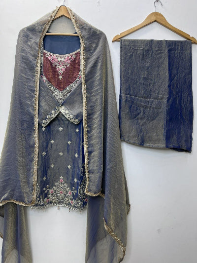 Dusty Steel Blue Embroidered Palazzo Sharara Suit