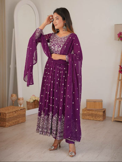 Purple Georgette Embroidery with Sequins Anarkali Suit Set