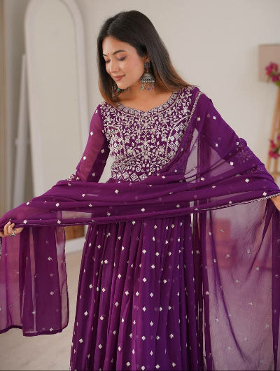 Purple Georgette Embroidery with Sequins Anarkali Suit Set