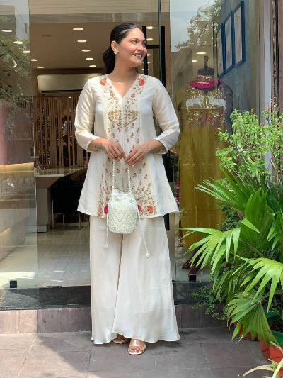 Ivory White Embroidered Silk Peplum Style Set
