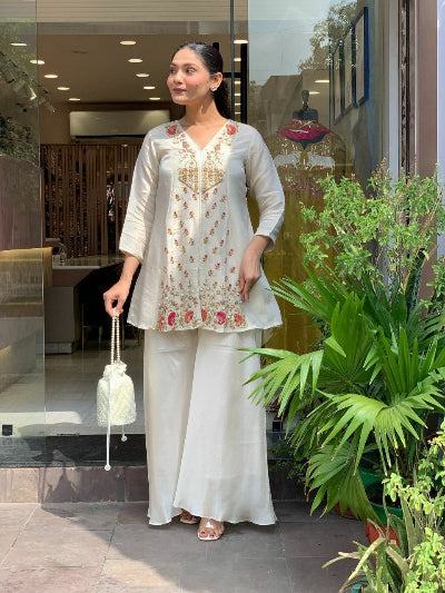 Ivory White Embroidered Silk Peplum Style Set