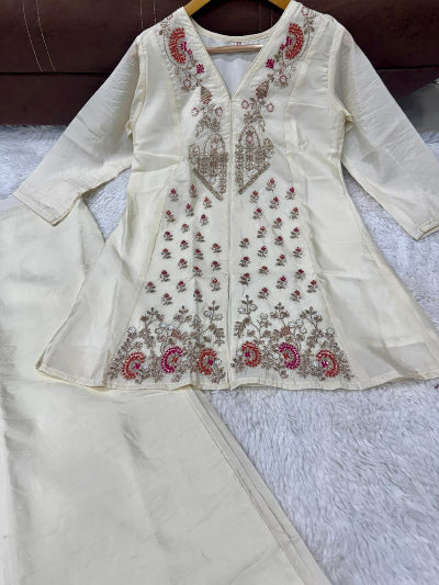 Ivory White Embroidered Silk Peplum Style Set