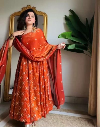 Orange Embroidery Sequence Work Anarkali Suit - BONYHUBSALWAR KAMEEZ