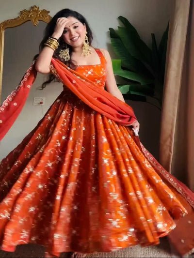 Orange Embroidery Sequence Work Anarkali Suit - BONYHUBSALWAR KAMEEZ