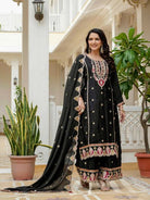 Elegant Black Chinon Silk Embroidery Palazzo Suit Set - BONYHUBSALWAR KAMEEZ