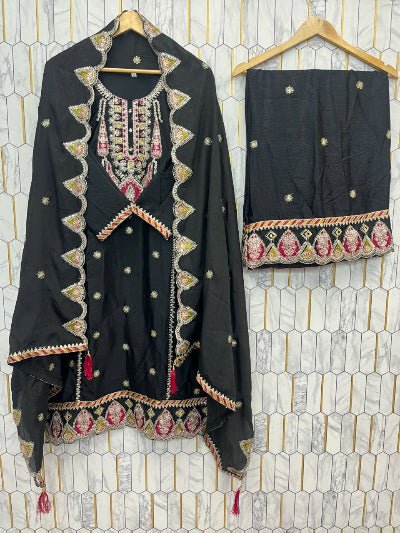 Elegant Black Chinon Silk Embroidery Palazzo Suit Set - BONYHUBSALWAR KAMEEZ